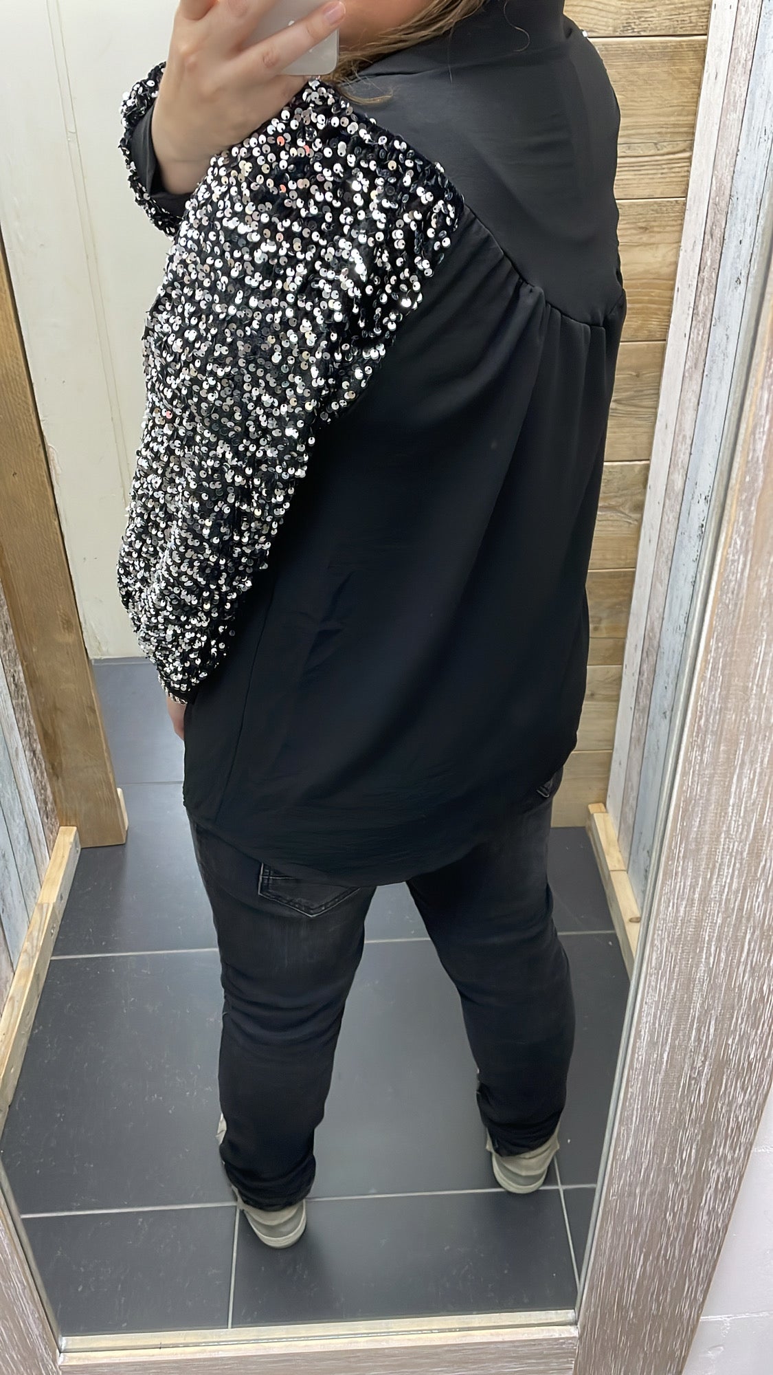 PS BLOUSE 'PAILLETTEN MOUW' | ZILVER