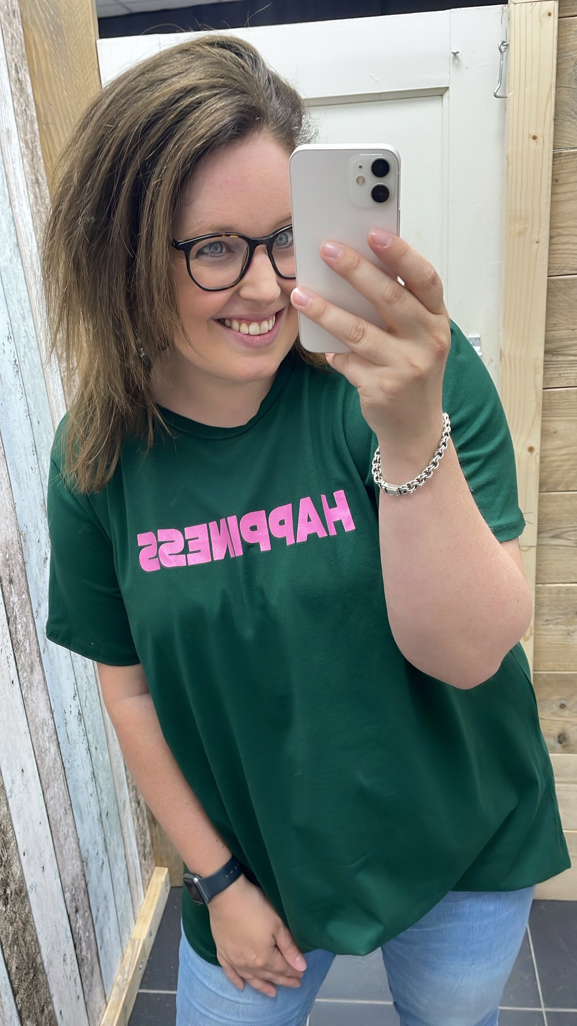 PS T-SHIRT ‘HAPPINESS' | DONKERGROEN