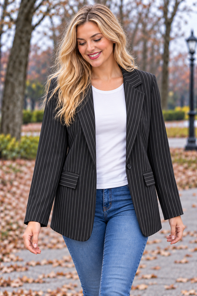 PS BLAZER 'KRIJTSTREEP' | ZWART
