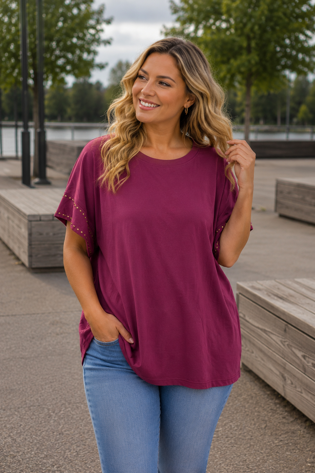 PS T-SHIRT 'STUDS' | BORDEAUX