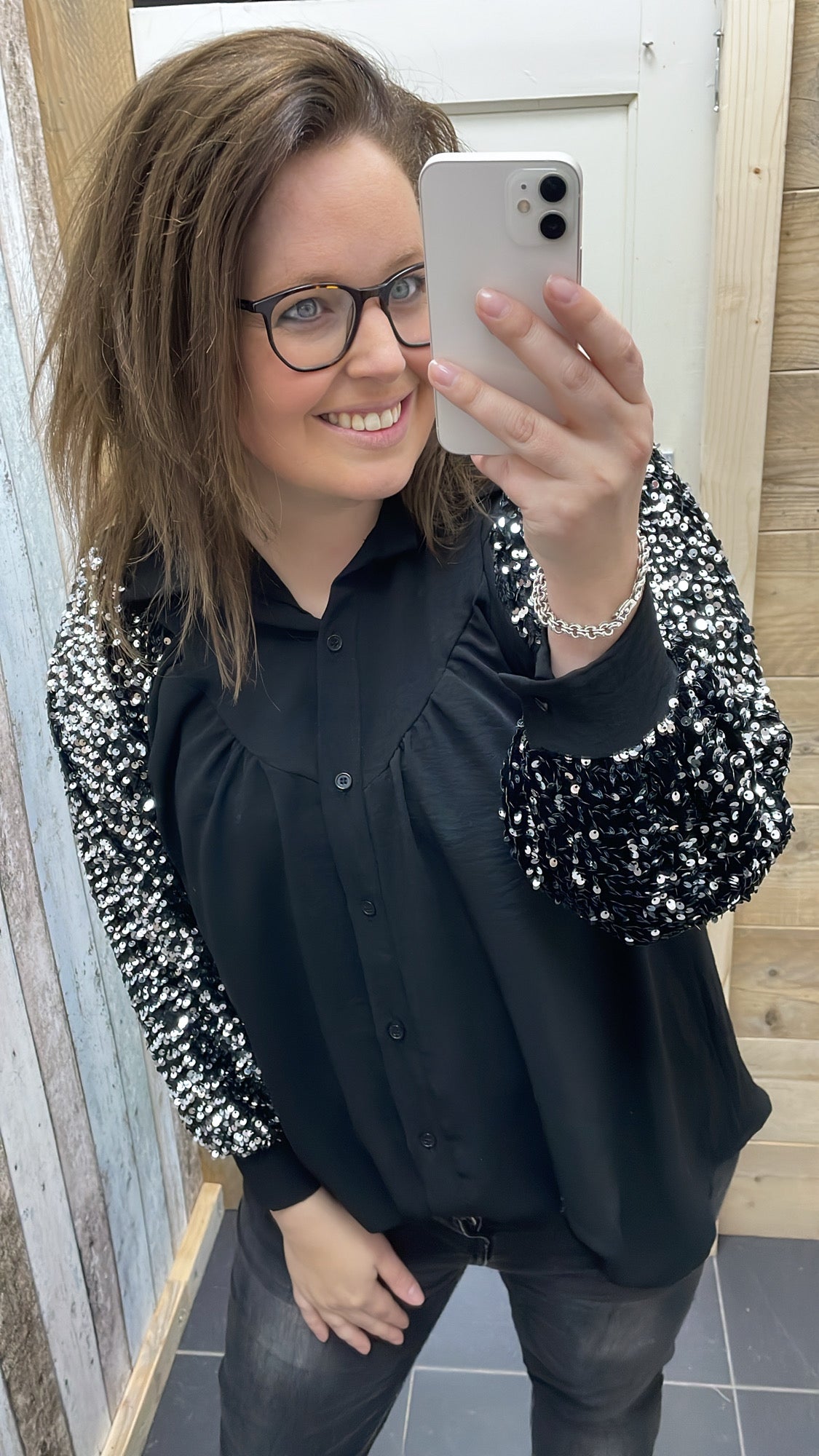 PS BLOUSE 'PAILLETTEN MOUW' | ZILVER