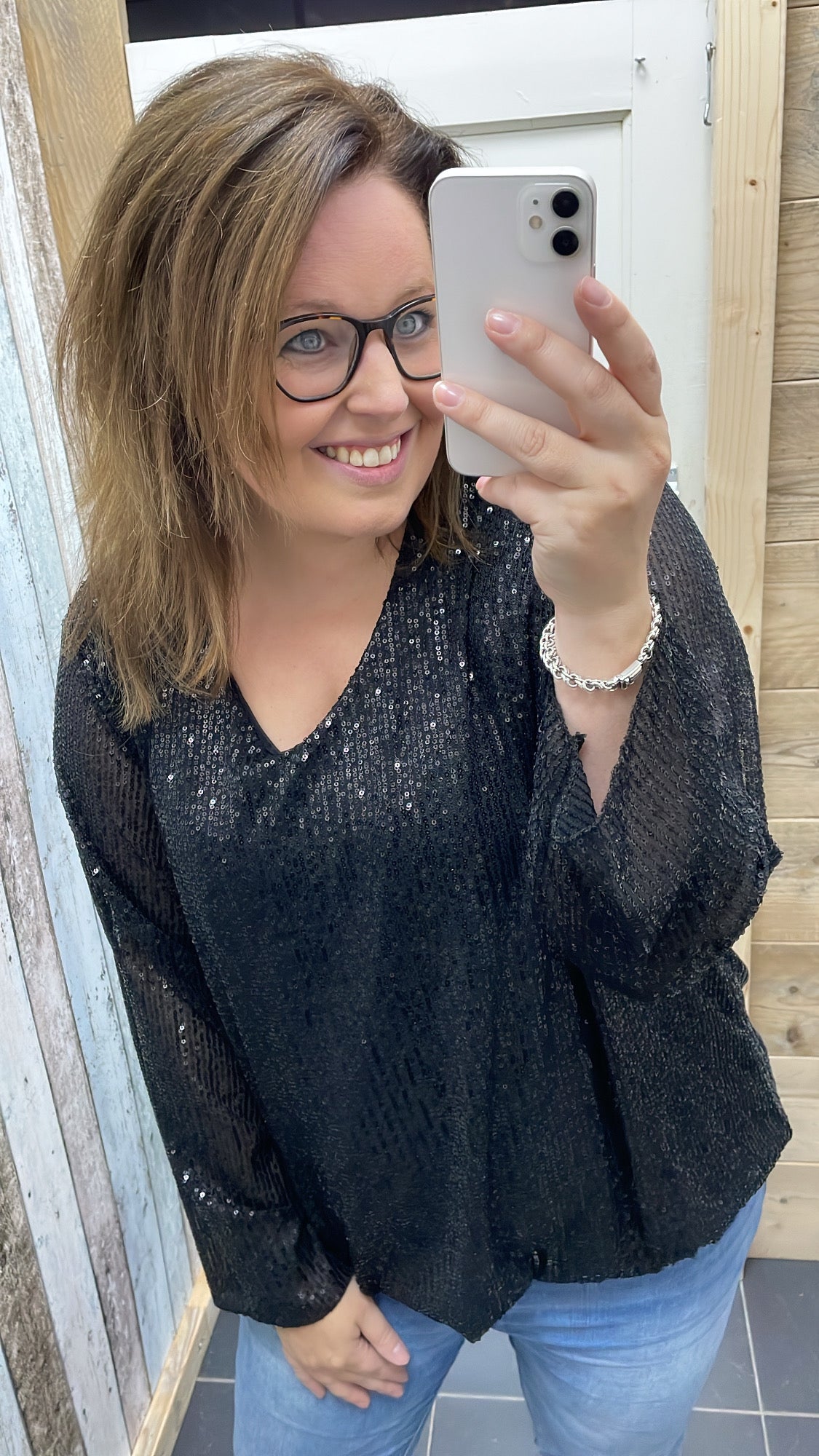 PS BLOUSE 'PAILLETTEN' | ZWART