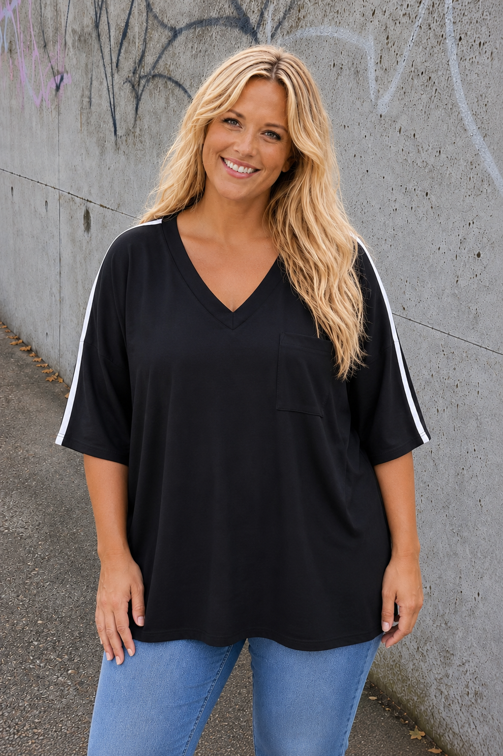 PS TOP V-HALS 'POCKET' | ZWART